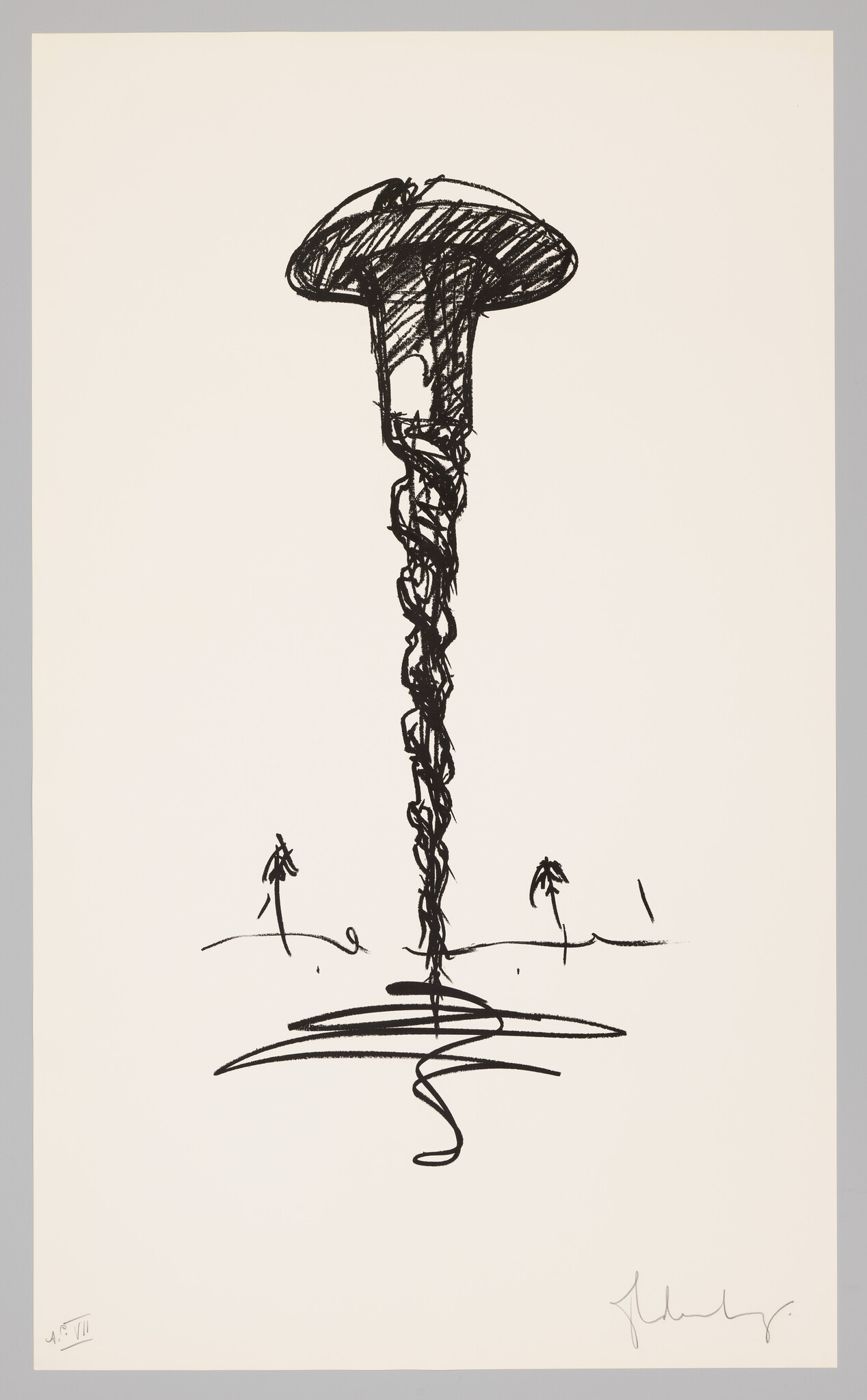 Tall, twisted column rising from ground to a large mushroom-shaped cloud above a flat landscape.