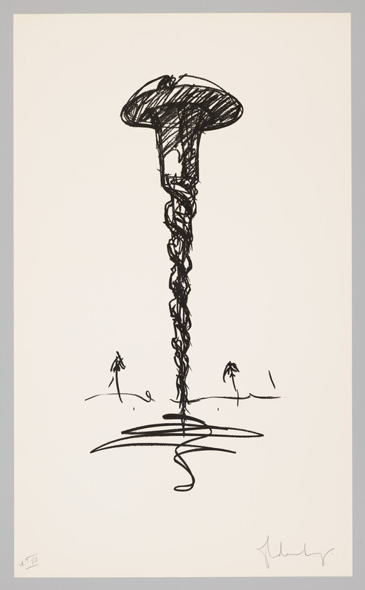 Tall, twisted column rising from ground to a large mushroom-shaped cloud above a flat landscape.