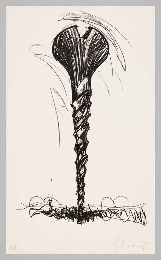 Tall crooked tree with a thick, textured trunk and broad rounded canopy drawn in black ink.