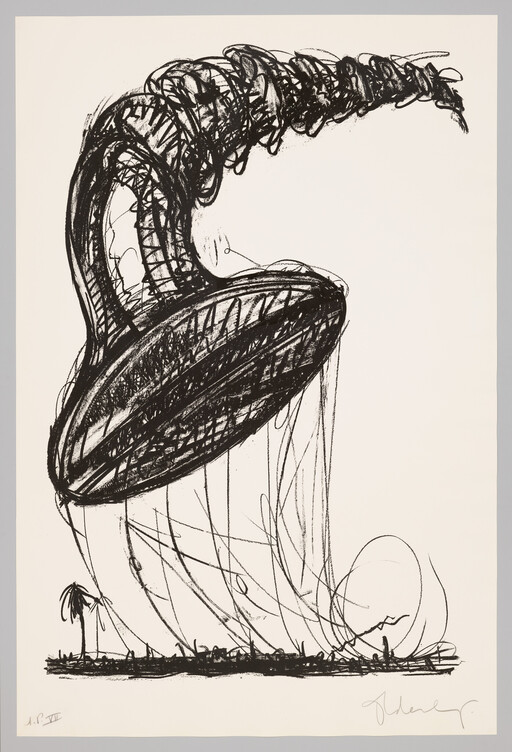 Large dark twisted abstract form towers over a small palm tree and tiny figures on the ground.