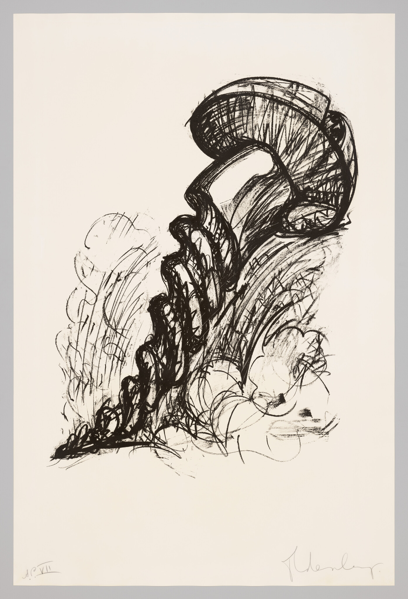 Bold black ink sketch of a large stylized helmeted head with swirling, textured lines.