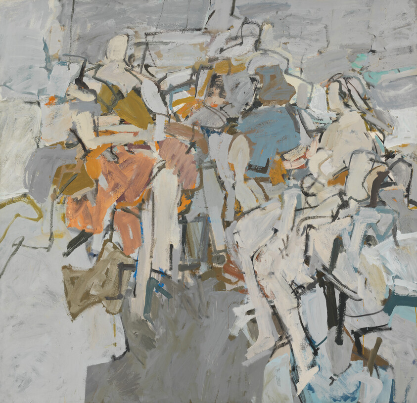 Several loosely sketched seated figures clustered together in an abstract, muted-color painting.