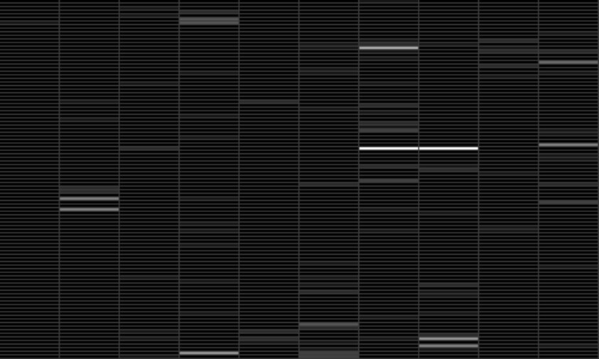 Dark grid of thin horizontal lines forming vertical columns with several brighter horizontal bands.