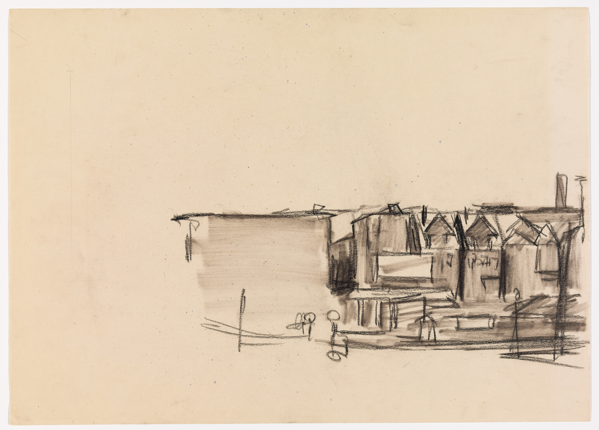 Charcoal sketch showing a row of simple buildings and small figures along an empty streetscape.