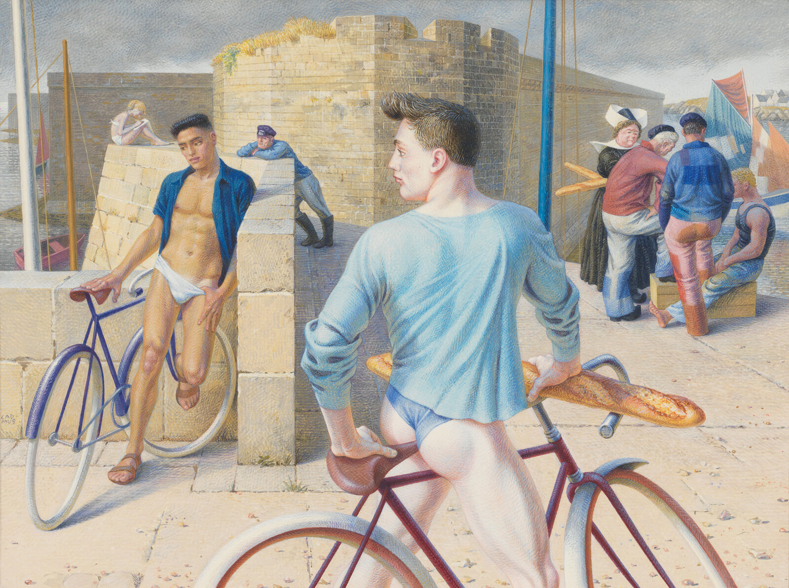 Two young men in minimal clothing with bicycles talk near a seaside quay while people gather.