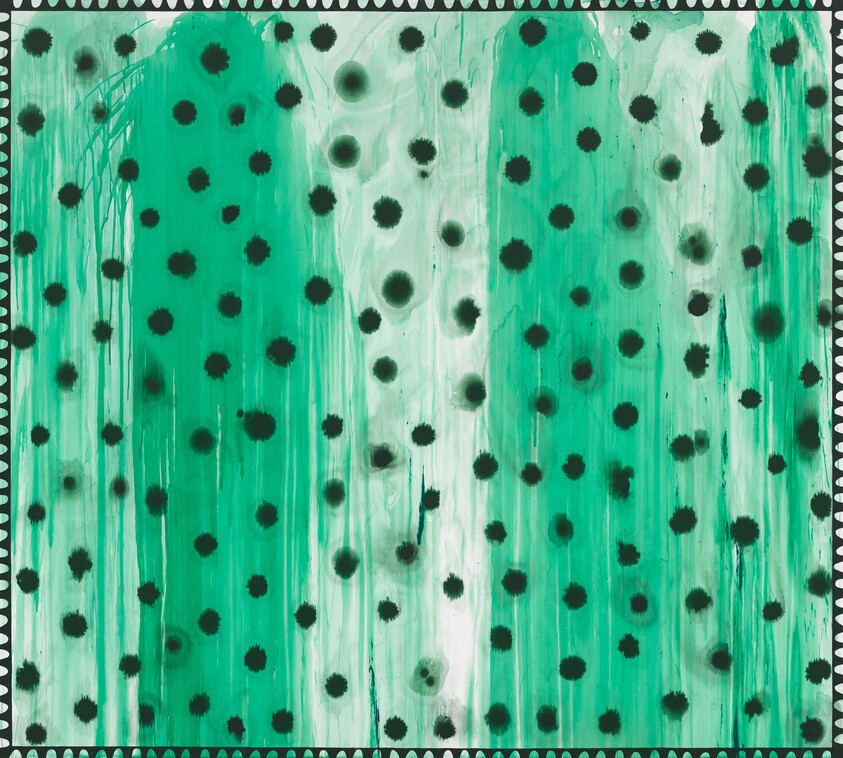 Green watercolor background with vertical drips, scattered black polka dots, and triangular border.