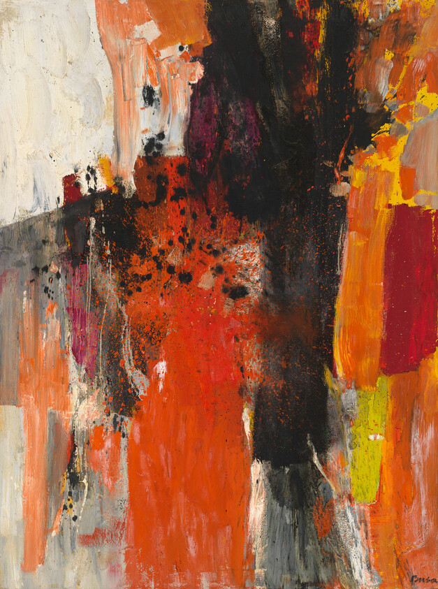 Abstract painting with bold orange and black vertical strokes, red splatters, and yellow accents.