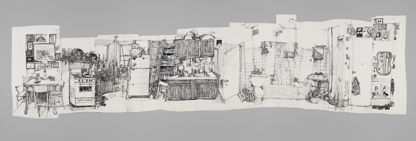 A panoramic sketch of an apartment interior showing a detailed and cluttered kitchen with a stove, sink, and table, a living area with bookshelves and plants, a bathroom with a tub and toilet, and a hallway with pictures and a mirror on the walls. The drawing is monochromatic and exhibits a hand-drawn, cross-hatched style, with the paper's creases visible, giving the artwork a three-dimensional appearance.