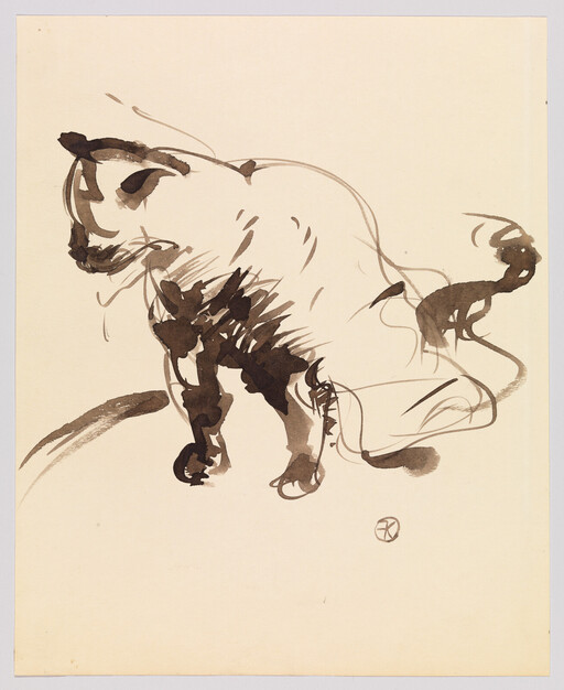 A loose ink sketch of a cat turning its head with flowing brushstrokes.