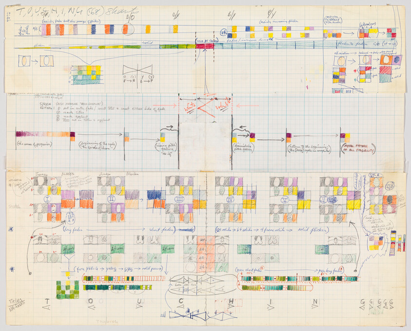 Hand-drawn, colorful conceptual sketches and notes on grid paper, possibly related to an art or design project.