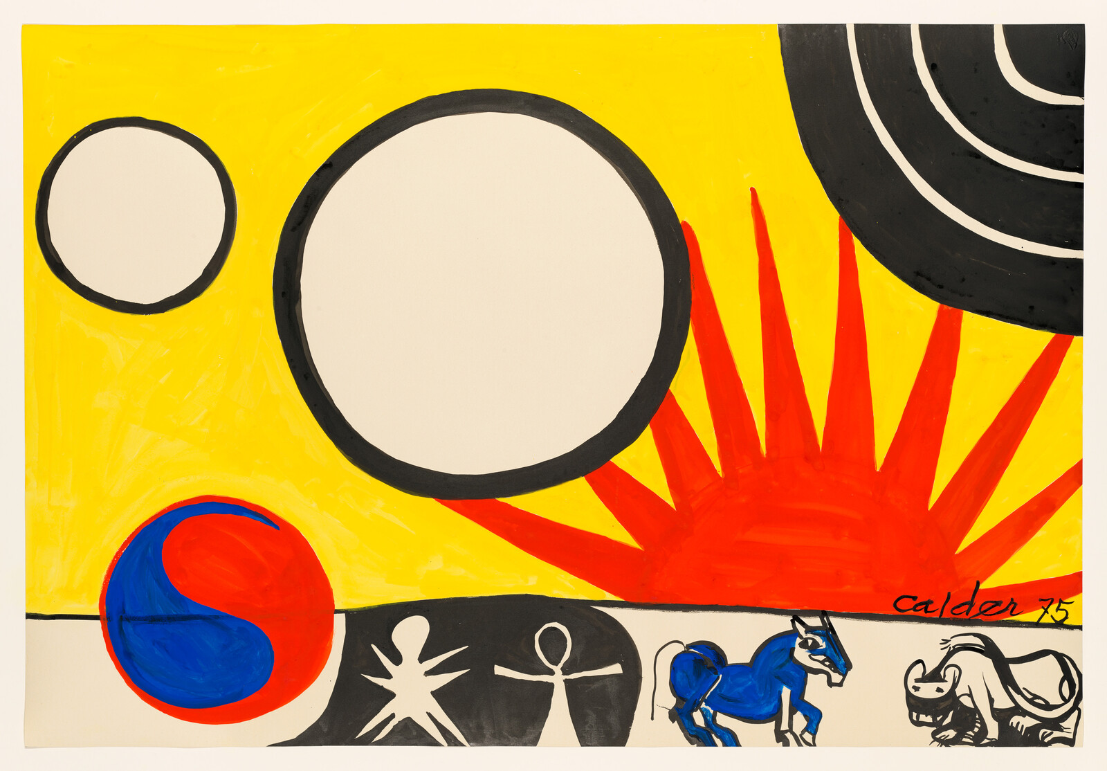 Large white circle and red sunburst dominate a yellow background with a small blue horse and cat.