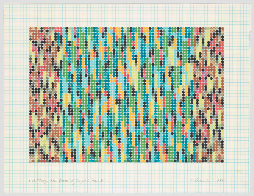 Colorful abstract dot matrix painting on graph paper, signed and dated by the artist.