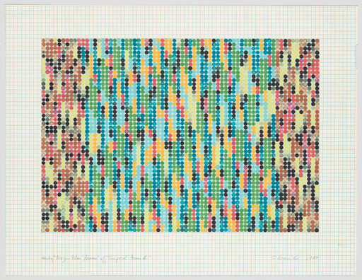 A grid of multicolored dots arranged in dense vertical columns on graph paper.