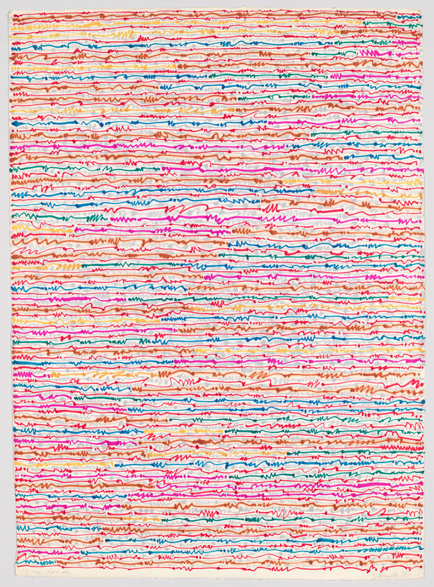 Colorful, wavy lines drawn in a repetitive pattern across a white background, resembling abstract art or doodles.