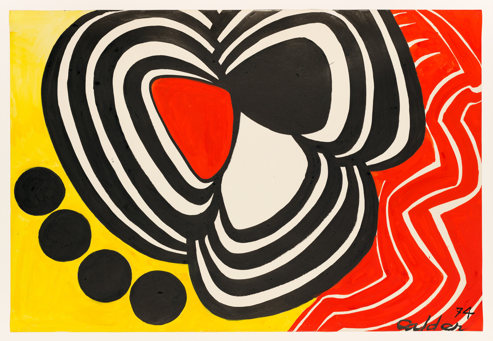 Bold black and white concentric shapes overlap a red center with yellow background and black circles.