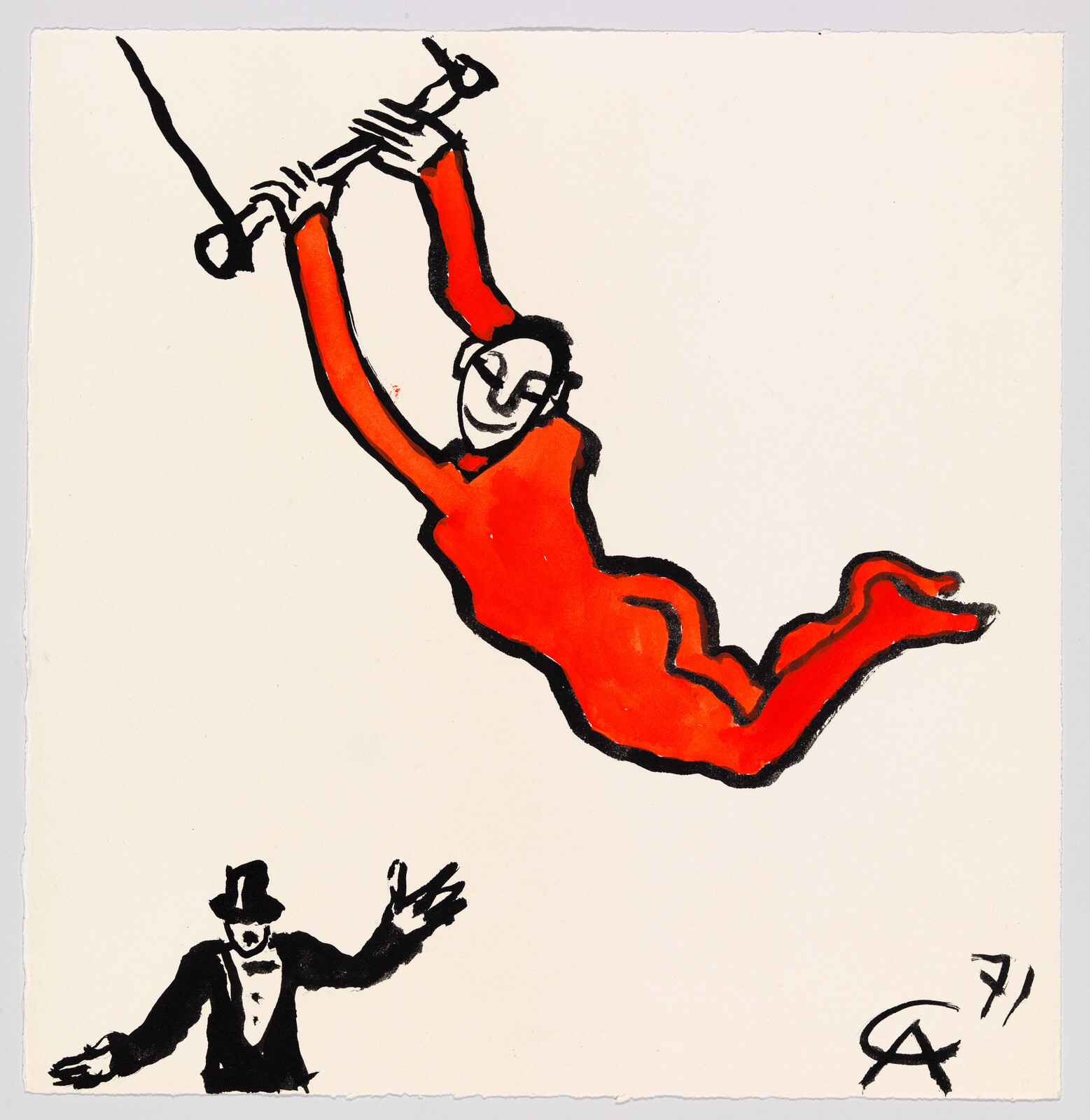 A trapeze artist in a red suit swings from a bar above a ringmaster.