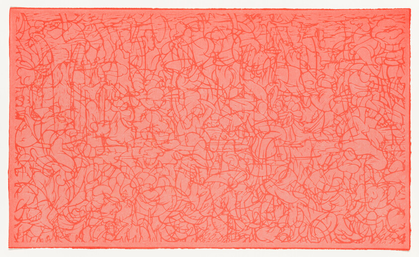 Tangled red lines form an abstract, maze-like pattern across a rectangular coral background.