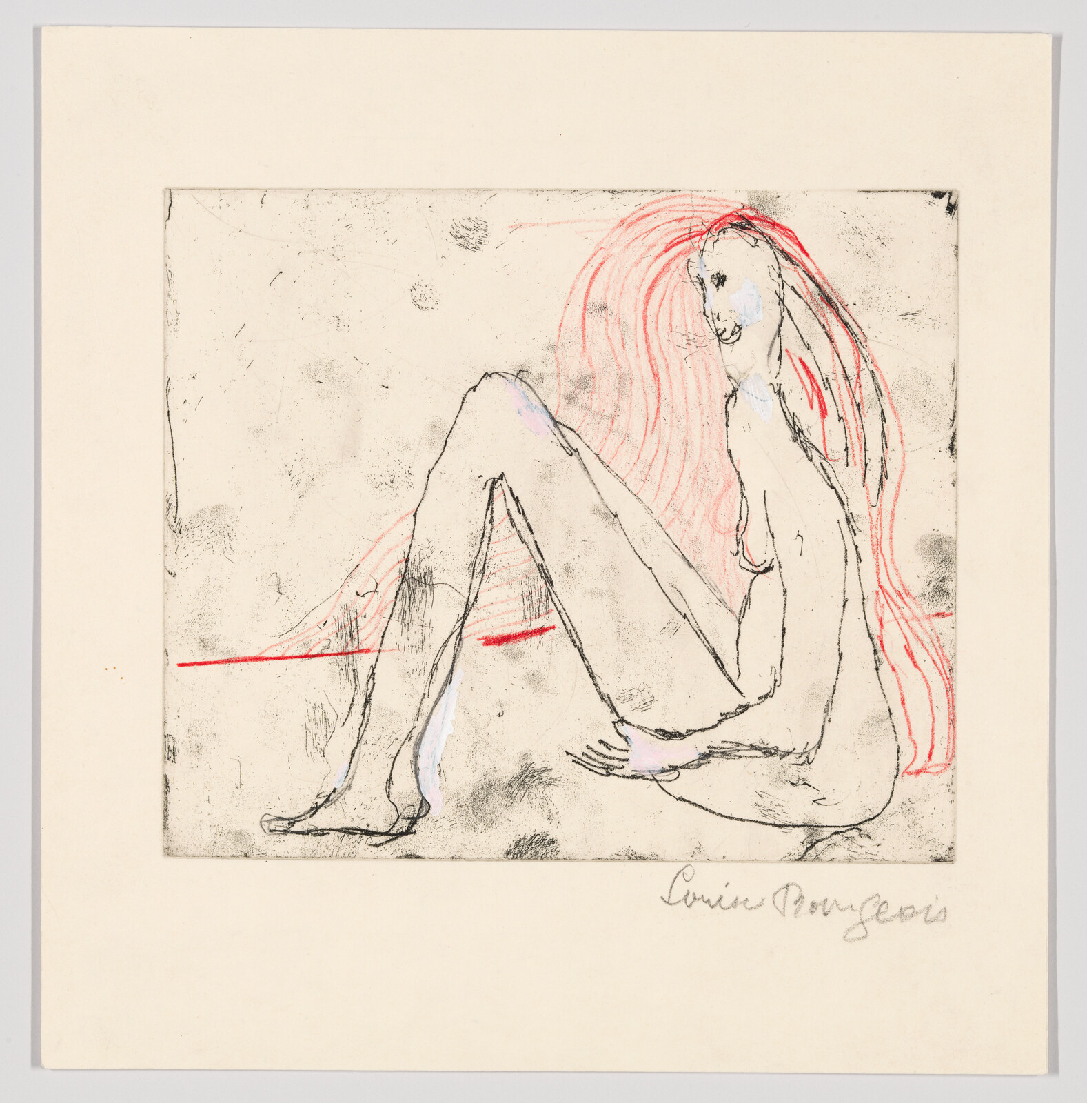 Seated nude woman with long red hair sits with bent legs and a red line.
