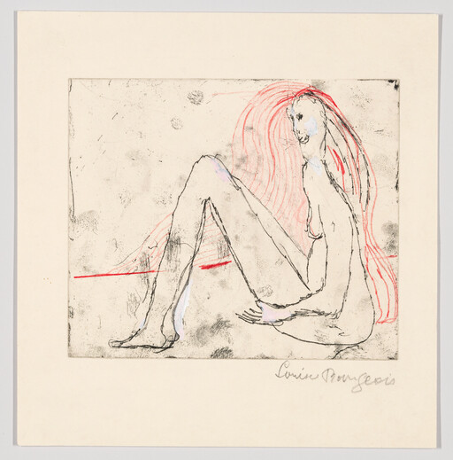 Seated nude woman with long red hair sits with bent legs and a red line.