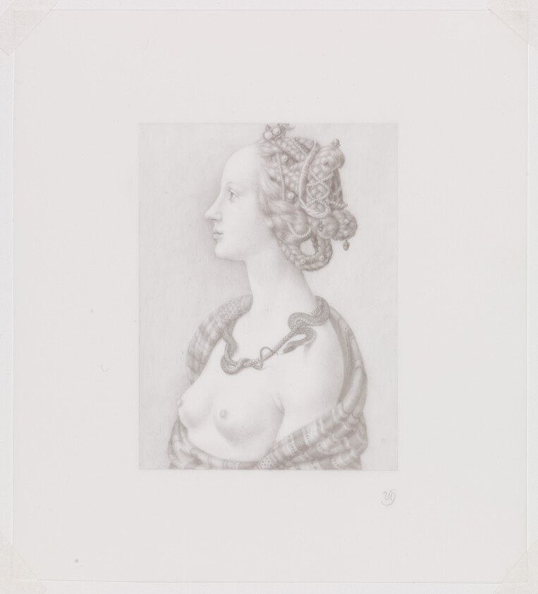 A classical-style portrait of a bare-chested woman in profile wearing braided hair and a snake necklace.