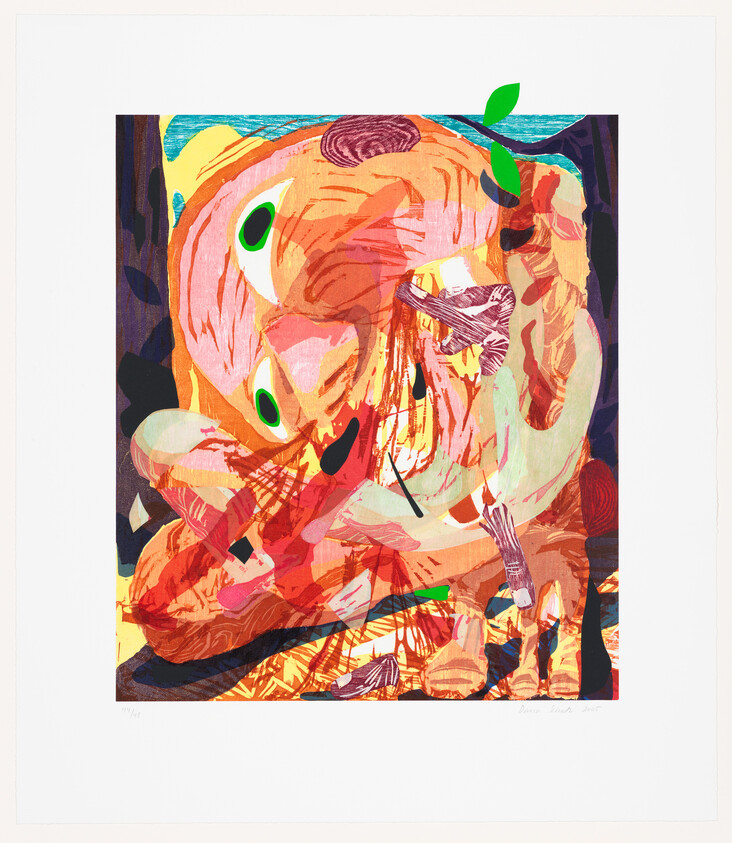 A colorful abstract creature curled up with bright green eye shapes and layered textures.