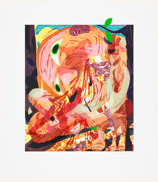 A colorful abstract creature curled up with bright green eye shapes and layered textures.