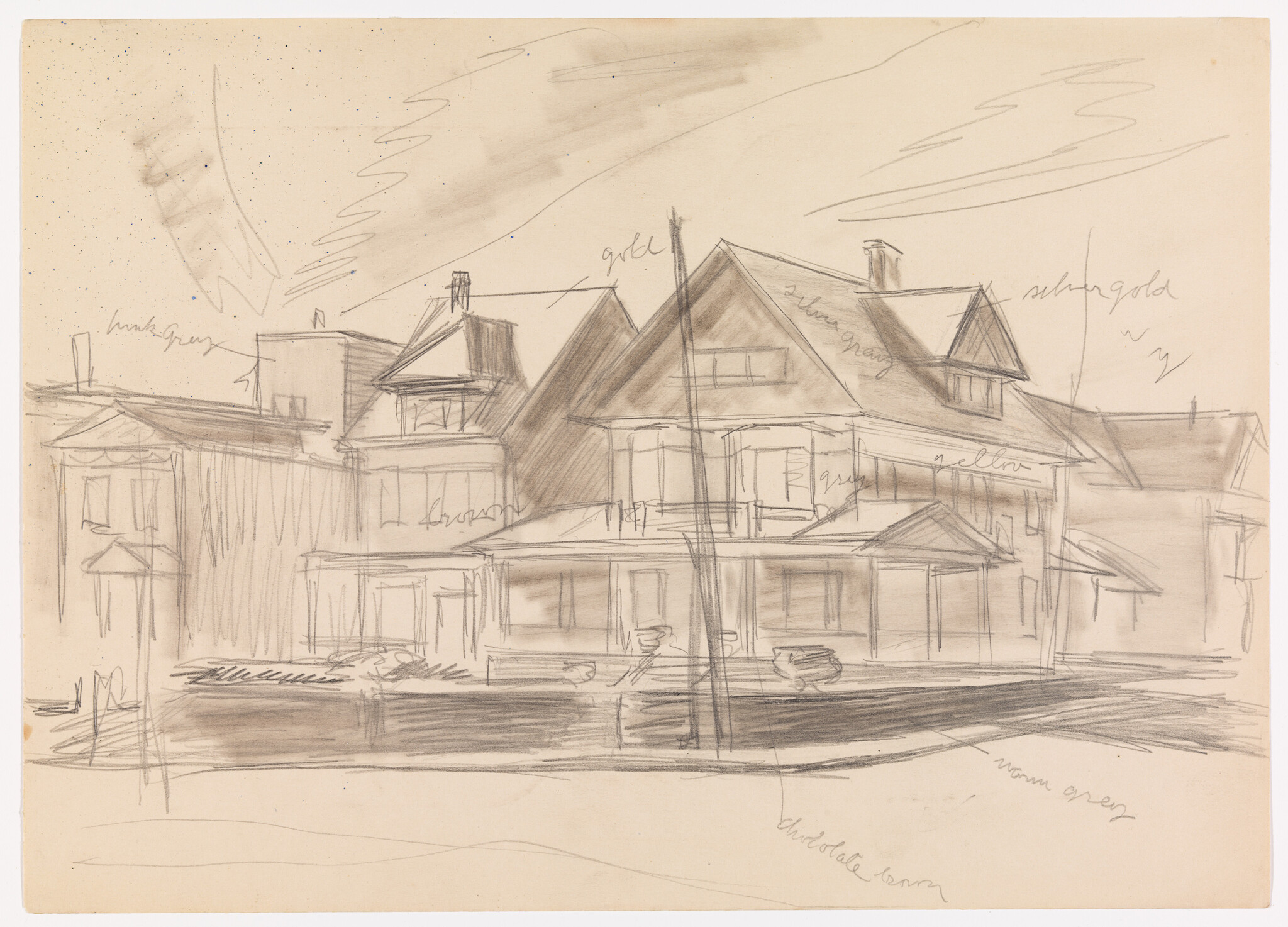 Pencil sketch of a row of houses with porches and a utility pole in front.