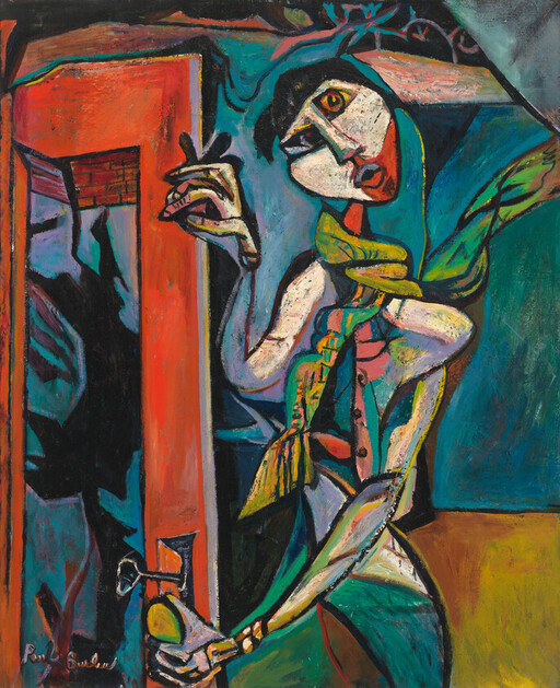 Abstract woman with green scarf opening a red door while looking back.