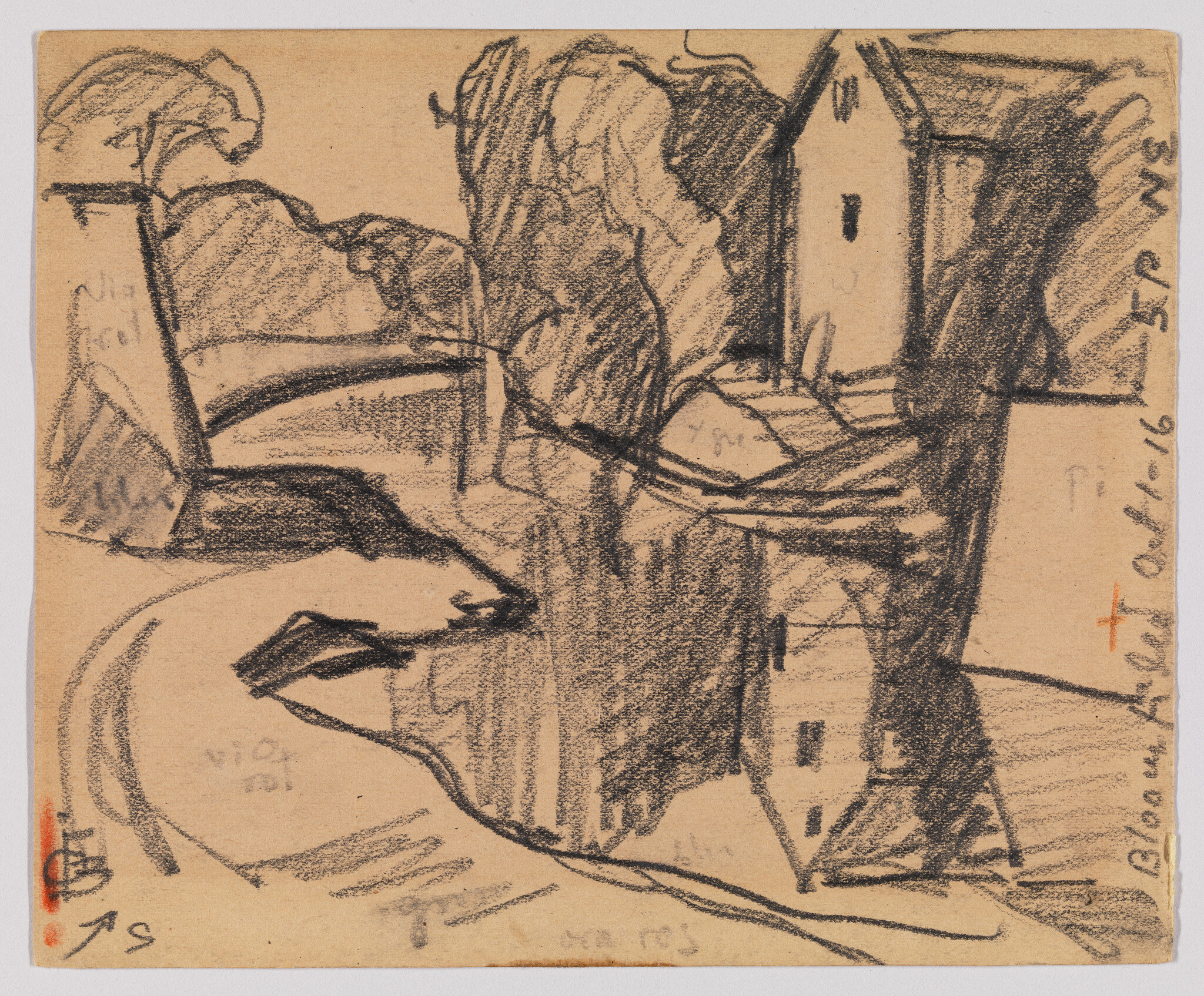 Sketch on tan paper depicting a rough landscape scene with a central building, possibly a tower or house, surrounded by trees or foliage. The drawing is executed with loose, expressive lines in charcoal or pencil, and there are handwritten notes and marks in various places on the paper, suggesting it may be a study or preliminary work.