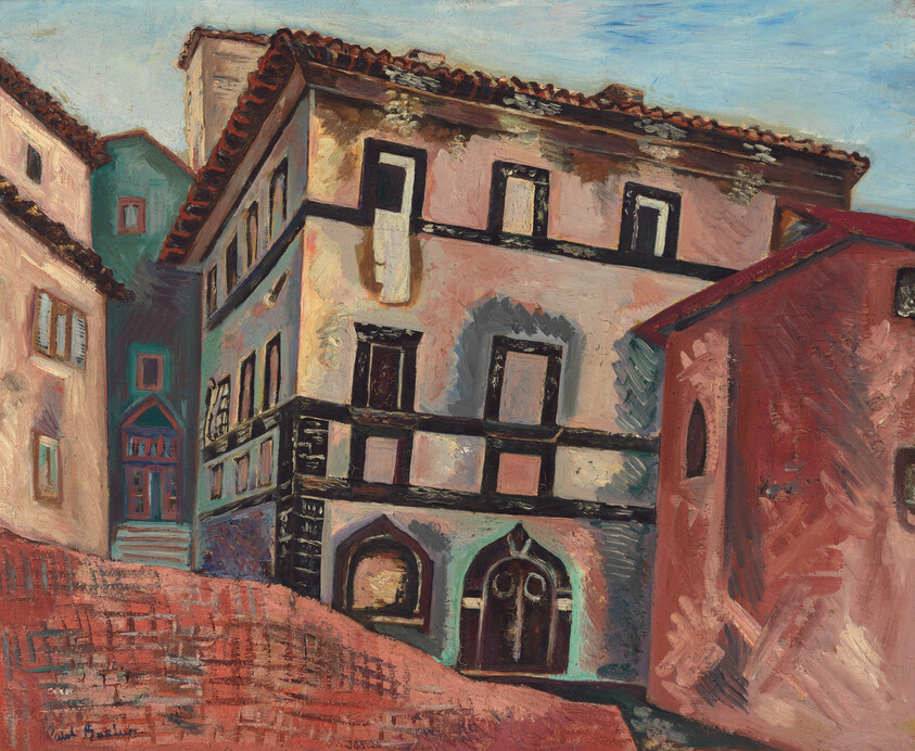 A vibrant expressionist painting depicting a street scene with colorful, slightly distorted buildings under a blue sky. The architecture features a mix of windows, arches, and tiled roofs, rendered with thick, textured brushstrokes.