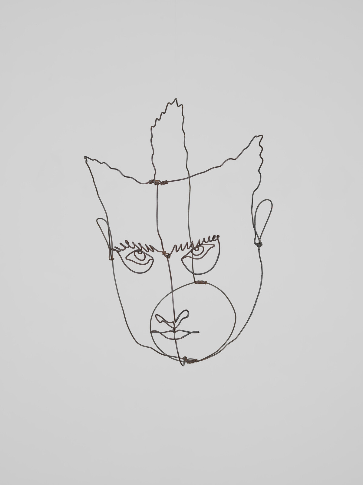 Wire sculpture of a face with abstract features, suspended against a plain background.