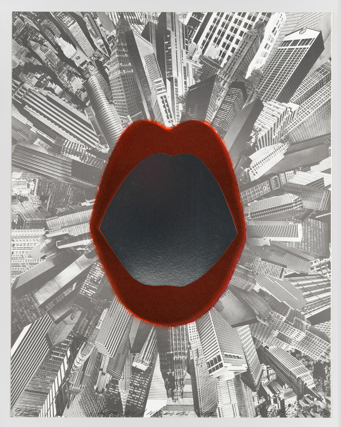 A surreal black and white photo collage of a cityscape with skyscrapers converging towards the center, overlaid with a circular cutout that reveals a red textured border and a dark void at the center.