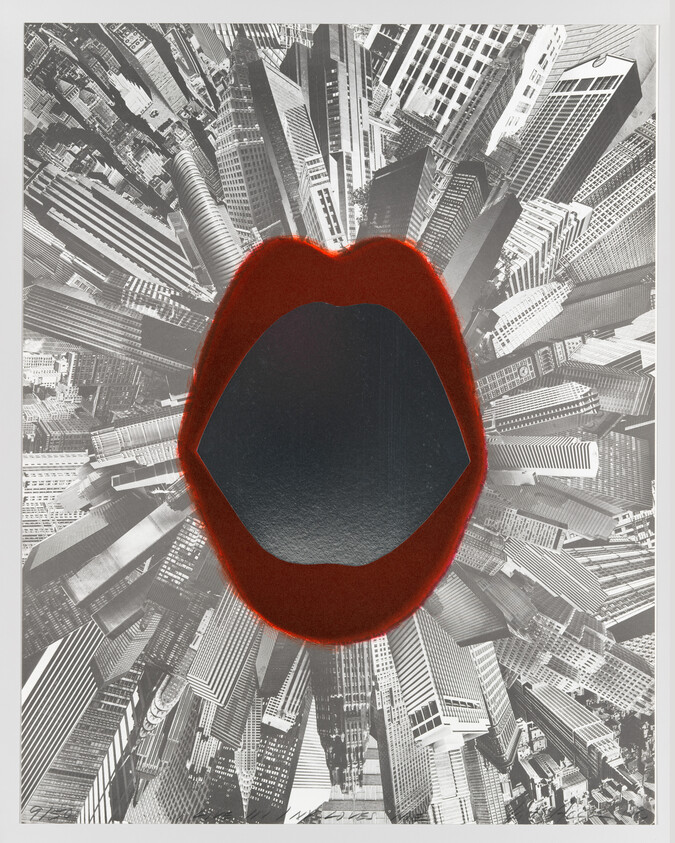 A surreal black and white photo collage of a cityscape with skyscrapers converging towards the center, overlaid with a circular cutout that reveals a red textured border and a dark void at the center.
