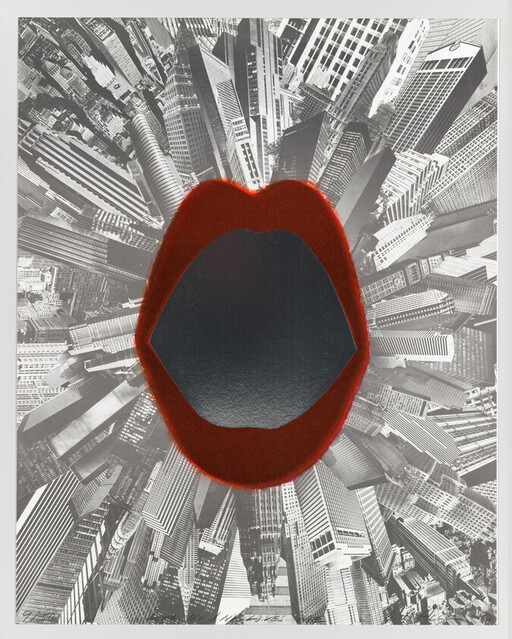 Red lips-shaped cutout overlays radial black-and-white city skyline, creating a bold central focal point.