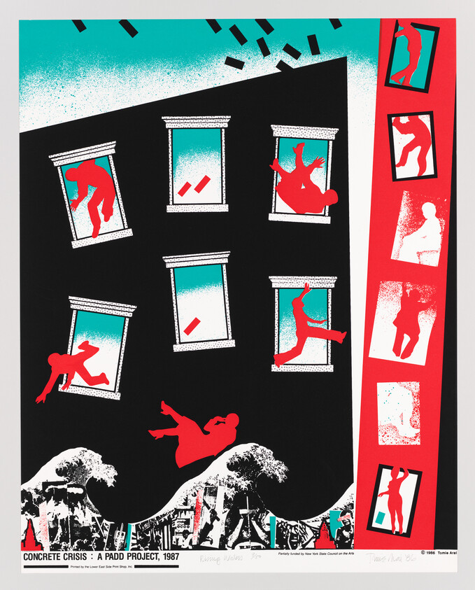 Graphic artwork titled "CONCRETE CRISIS: A PADD PROJECT, 1987" featuring stylized red and turquoise figures falling or jumping out of white-framed windows against a black background. Some figures are within the windows, while others are in freefall. The top of the image has a turquoise sky with falling bricks, and the bottom shows a cityscape silhouette with waves, suggesting turmoil. A red vertical stripe on the right contains additional figures. The artists' names and project details are printed at the bottom.
