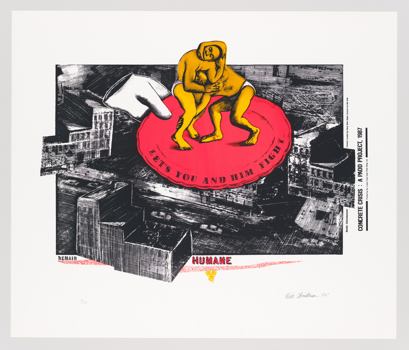 A graphic artwork featuring a collage of elements including a yellow figure sitting on a red button labeled "LET'S YOU AND HIM FIGHT," a large white hand pointing, and black and white images of urban buildings. Text on the artwork reads "CONCRETE CRISIS - AID PROJECT 1987" and includes words like "REMAIN" and "HUMANE." The artist's signature and the edition number are visible at the bottom.