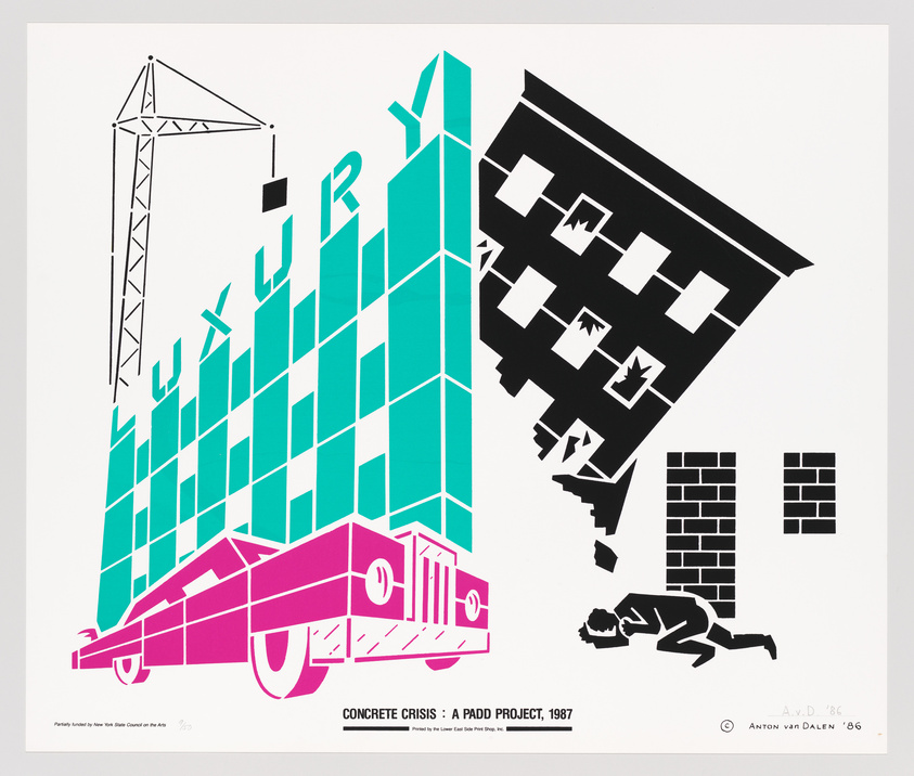 Illustration of a luxury building, a pink car, a collapsing black building, and a person crouching. Text reads "Concrete Crisis: A PADD Project, 1987."