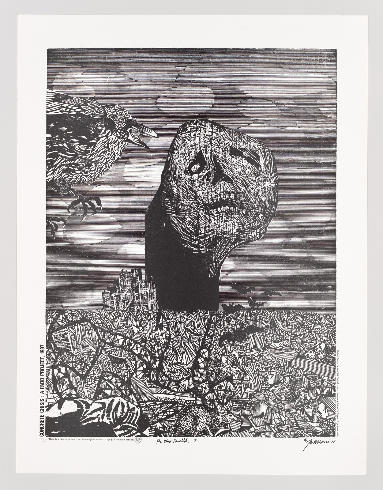 A black and white print featuring a surreal landscape with a large, ominous skull-like face emerging from the ground on the right, with hollow eyes staring upward. A detailed bird is perched on the left, looking towards the skull. The background includes a textured sky and a silhouette of a cathedral-like structure in the distance. The foreground is filled with dense, chaotic foliage and various hidden figures. There is text at the bottom indicating the artwork is a reproduction of an original woodcut by an artist named Escher.