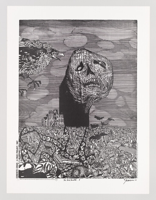 A giant cracked skull-like head rises from rubble while a crow squawks over a ruined landscape.