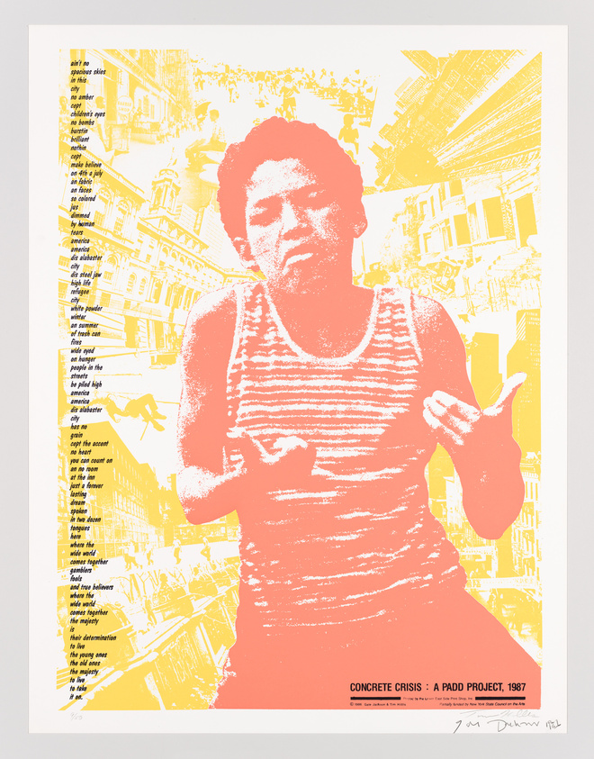 A vibrant screen print featuring a central figure in red and white stripes against a yellow background with urban imagery and text. The figure appears to be gesturing or speaking, and the surrounding text and cityscape create a dynamic, layered effect. The bottom of the print includes the title "CONCRETE CRISIS: A PADD PROJECT, 1987" and is signed by the artist.