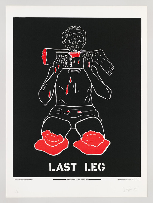 A person kneeling and biting a severed leg labeled "Survival Manual" with blood dripping, captioned "Last Leg."