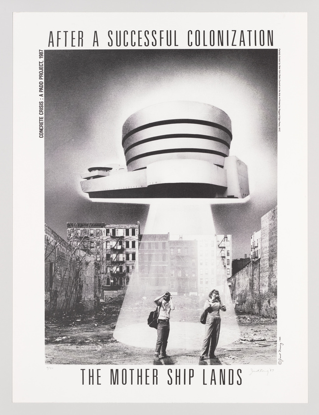 A black and white poster with the title "AFTER A SUCCESSFUL COLONIZATION" at the top and "THE MOTHER SHIP LANDS" at the bottom. The central image features a futuristic, saucer-shaped building descending with a beam of light onto an urban landscape in ruins, where two people are looking up at the structure. The poster includes text on the left side that reads "CONCRETE CRISIS: A RAPID PROJECT 1977" and is signed and dated by the artist at the bottom right.