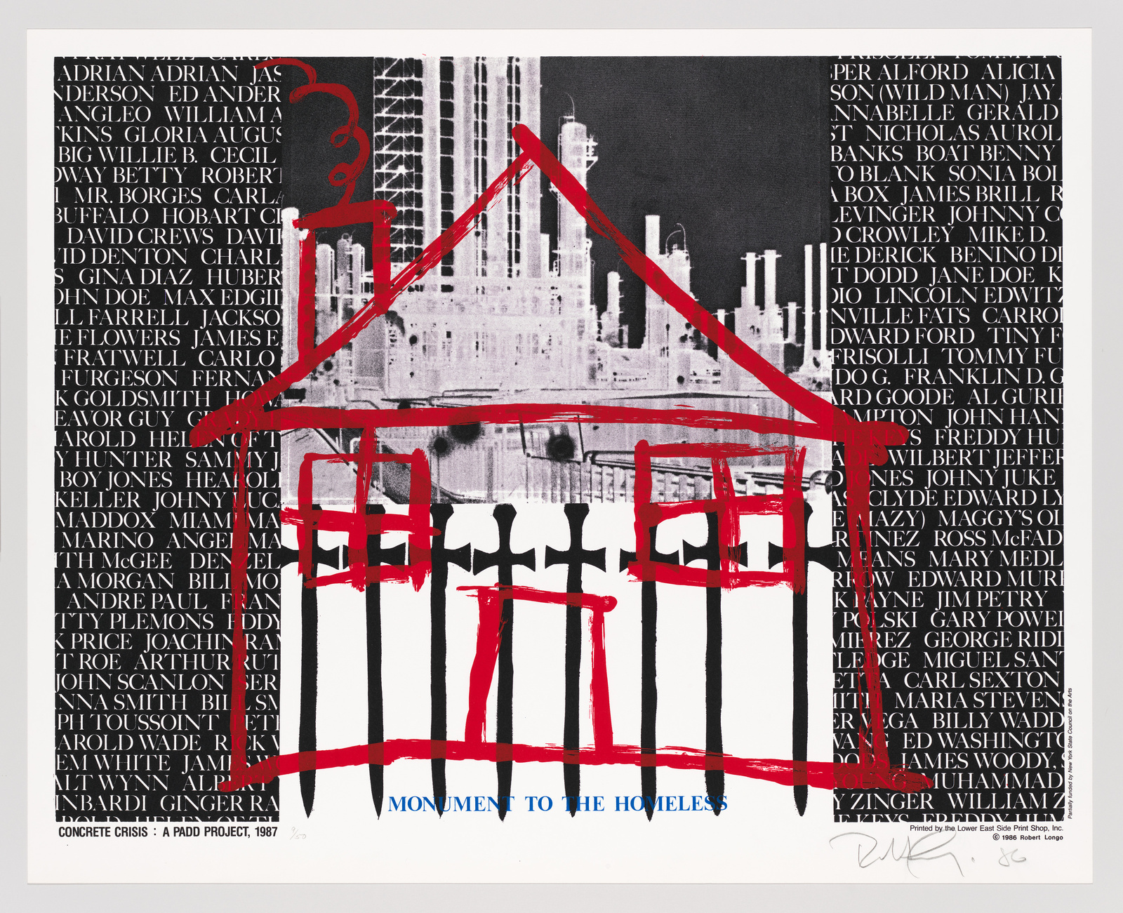 This image features a black and white photograph of urban high-rise buildings in the background, overlaid with a grid of names in various fonts and orientations. A bold red abstract drawing resembling a house or building facade with a pitched roof and windows dominates the center. Below the drawing, the text "MONUMENT TO THE HOMELESS" is written in capital letters. The artwork is credited as "CONCRETE CRISIS: A PAD/D PROJECT, 1987" at the bottom left, and there is a signature at the bottom right.