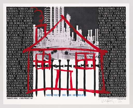 Red childlike house drawing over factory backdrop with names and the words "Monument to the Homeless."
