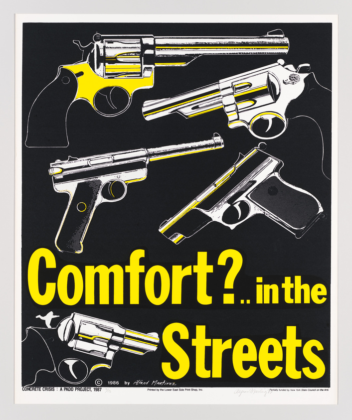 Graphic poster featuring a collection of handguns in white outline against a black background, with the bold yellow text "Comfort?.. in the Streets" dominating the lower half. The poster includes a credit line at the bottom reading "©1986 by Alfred Martinez, CONCRETE CRISIS - A PADD PROJECT, 1987, Printed by the Lower East Side Print Shop, Inc." and is signed "Alfred Martinez."