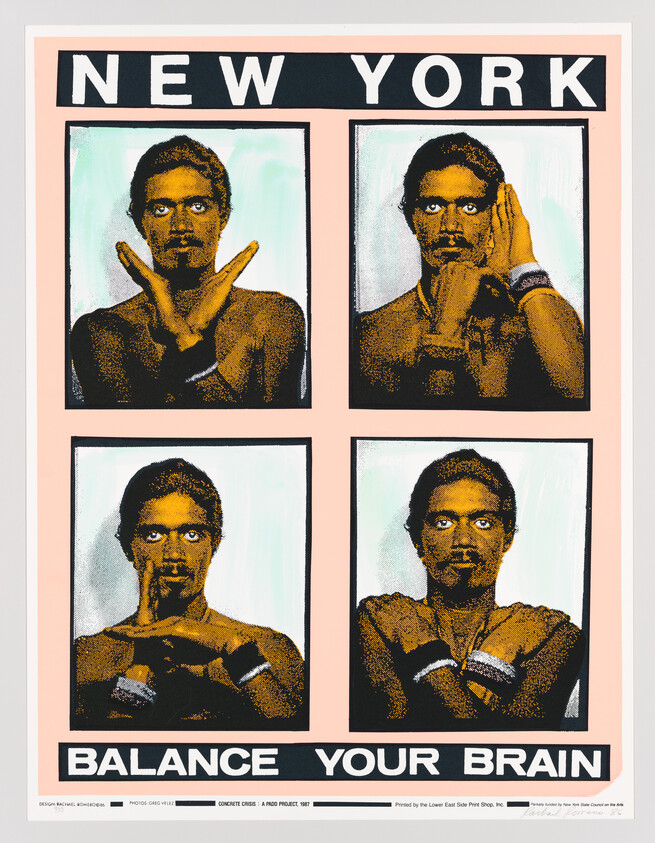 Poster with "NEW YORK BALANCE YOUR BRAIN" text and four stylized images of a person in different poses related to thought and listening.