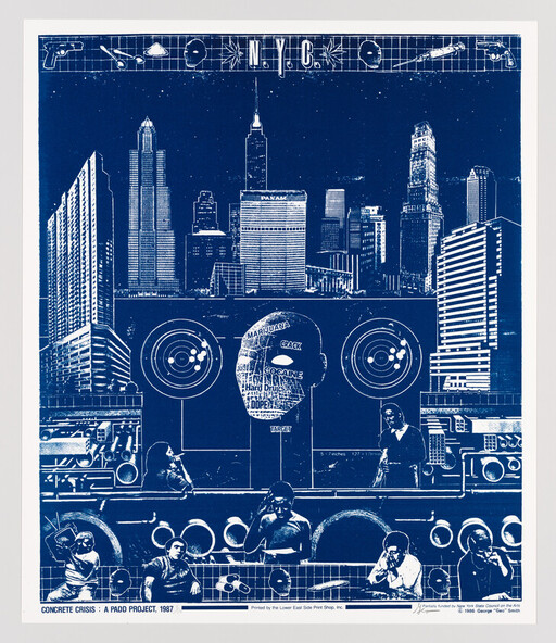 Blueprint-style New York City skyline with a drug-labeled head target and people operating consoles.