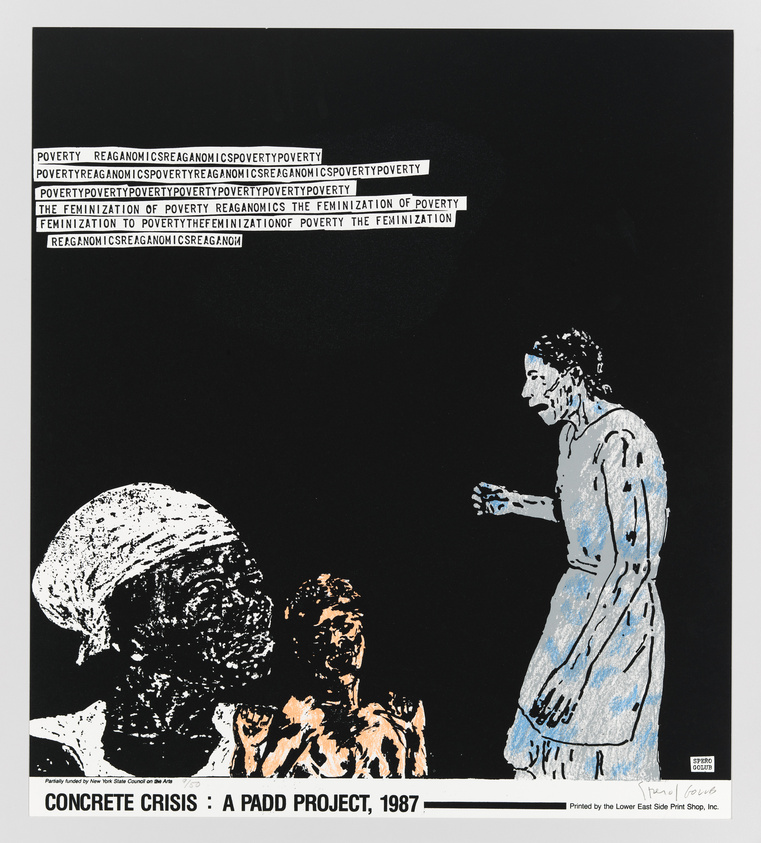 A graphic artwork featuring a repeated text pattern with words like "POVERTY," "REAGANOMICS," and "THE FEMINIZATION OF POVERTY" in capital letters at the top. Below, there are three stylized figures in white, black, and blue, resembling a classical sculpture, a person with a head wrap, and a child. The bottom text reads "CONCRETE CRISIS: A PADD PROJECT, 1987," with additional printing and funding credits.