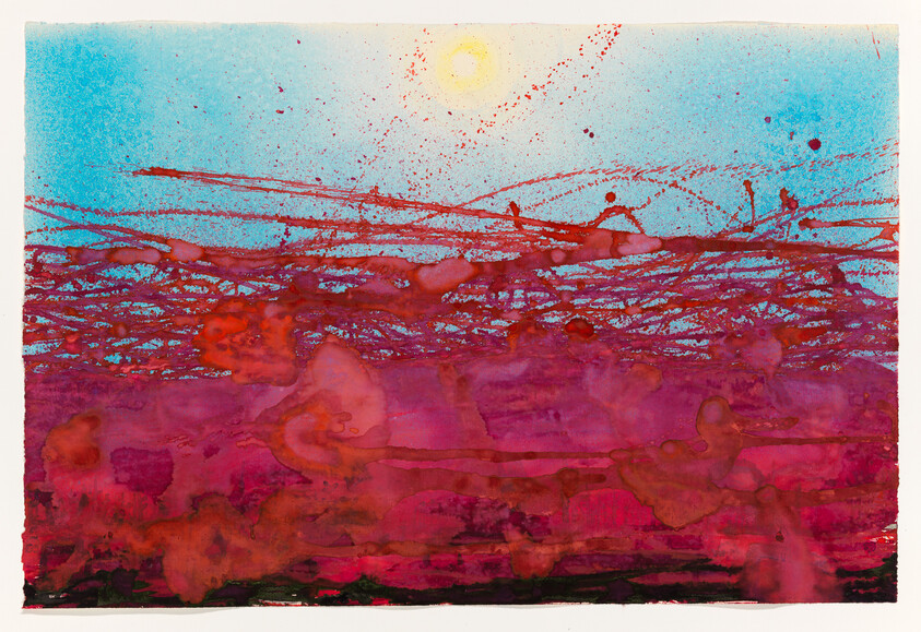 Bright sun above layered red and magenta horizontal streaks resembling a textured landscape.