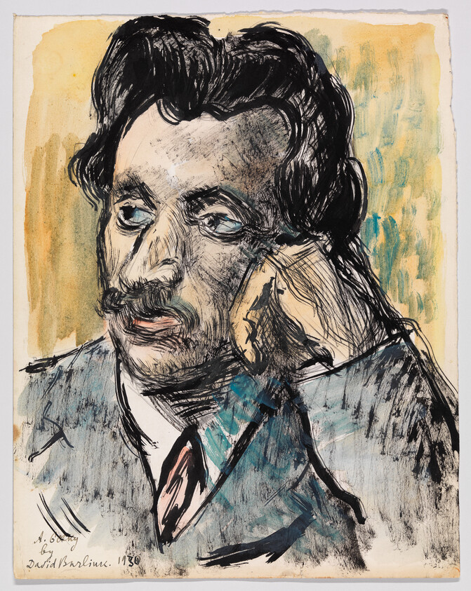 A painted portrait of a pensive man with a mustache resting his hand against his cheek.